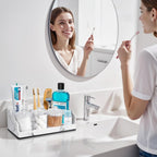 Bathroom Counter Organizer with 3PCS Qtip Holder, Marble Toothbrush Holders for Bathrooms, Bathroom Organizers and Storage with Drain Holes, Electric Toothbrush Holder, Vanity Organizer