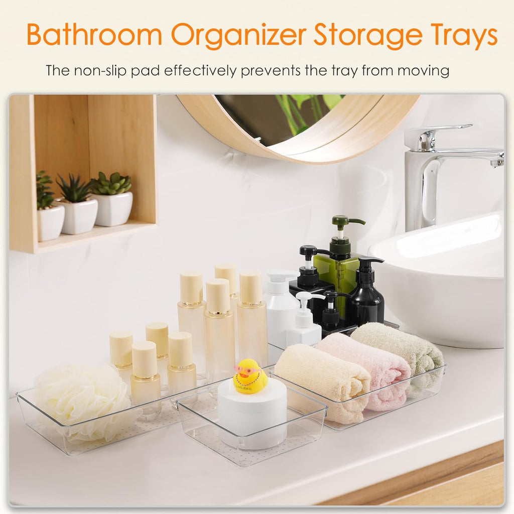Drawer Organizer, 10 Pack Large Clear Plastic Set, 3 Size Versatile Bathroom and Vanity Organizer Trays, Storage Bins for Makeup, Bedroom, Kitchen Utensils