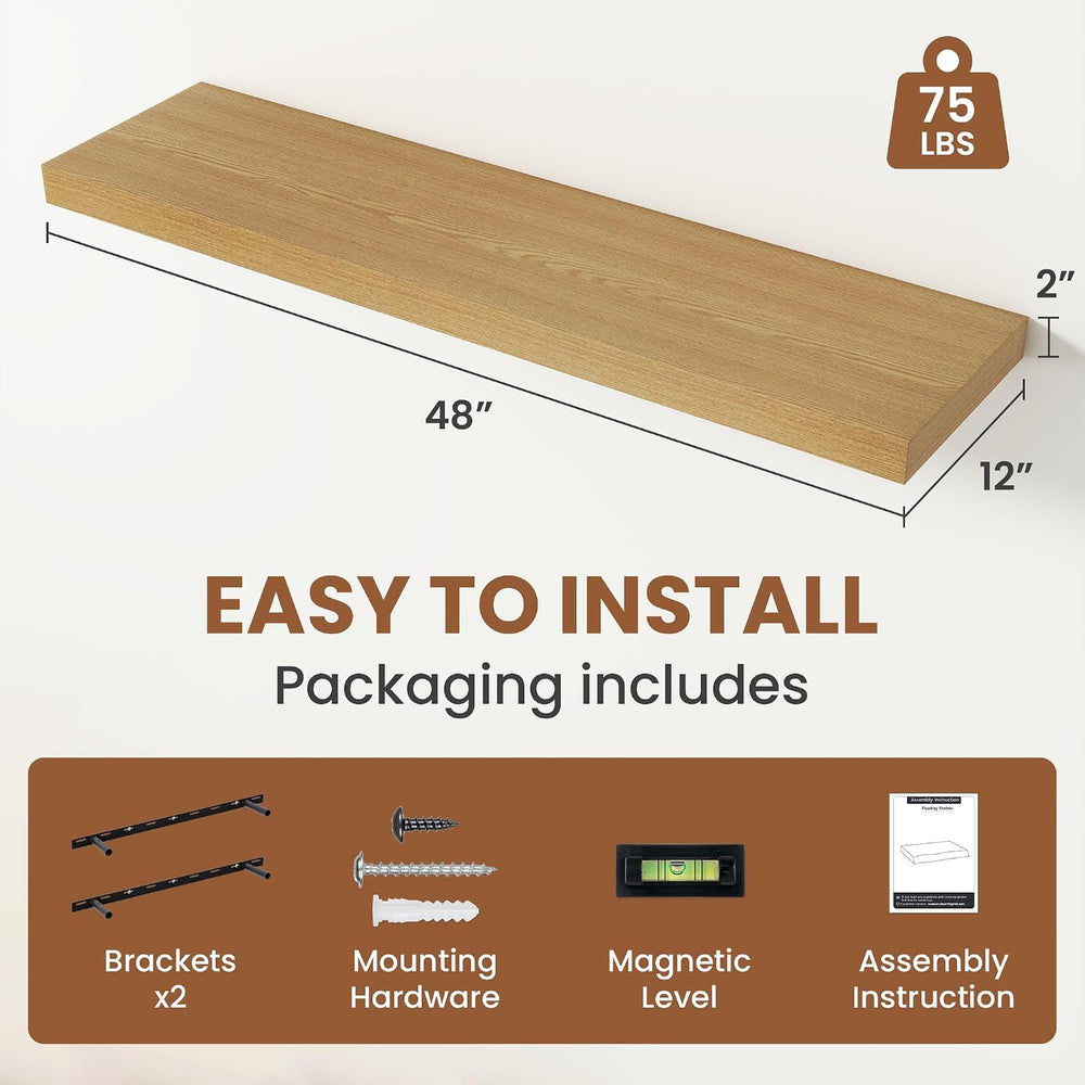 Vivelove Deep Floating Shelves 48x12” Set of 2, Oak