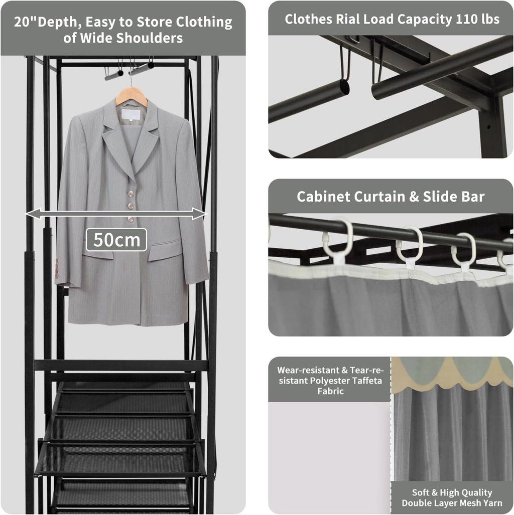 Portable Closet Rack Heavy-Duty Foldable Garment Racks with Cover 1200lbs Enclosed Wardrobe Closet with Independent Area for Hanging Clothes Storaging of Bedding (59in*20in*67in)