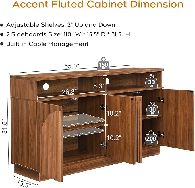 Fluted TV Stand with Arched Reeded Design Doors, Set of 2 Modern Entertainment Center with Storage for Up to 98", TV Media Console, Adjustable & Open Shelves, TV Cabinet for Living room, Walnut