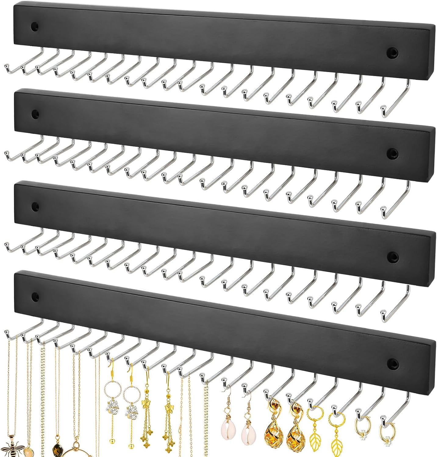 4 Pack Necklace Holder Wall Mount, Hanging Jewelry Organizer with 80 Hooks Total, Space Saving Wooden Necklace Holder for Wall, Necklace Organizer Hanger for Necklaces, Bracelets, Pendant