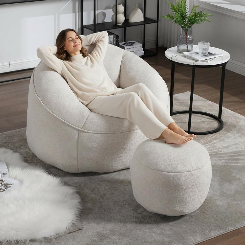 Bean Bag Chairs, Gaint Bean Bag Couch with Memory Foam for Adults and Kids, Microfiber Upholstered Sofa with Ottoman, Comfy Lazy Bean Bag Reading Chair for Living Room