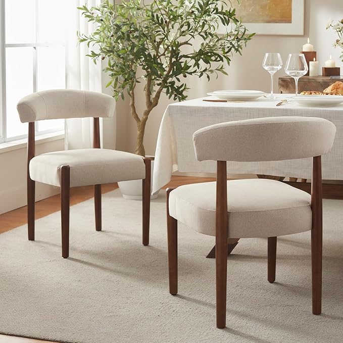 VKNOW Wooden Dining Chairs Set of 2, Modern Upholstered Dining Room Chairs with Walnut Wood Legs and Curved Backrest, Fabric Kitchen Chairs for Farmhouse/Living Room/Dining Room, Beige