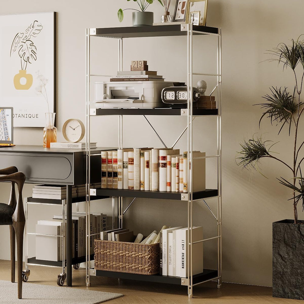 4-Tier Industrial Bookshelf, Wood and Metal Shelf Unit, Storage Bookcase