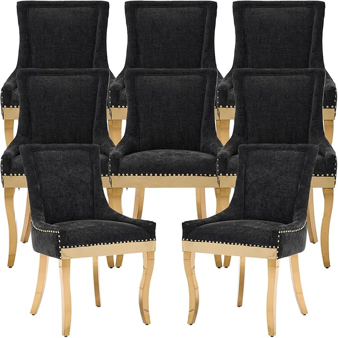 Dining Chairs Set of 8, Kitchen & Dining Room Chairs, Chenille Fabric Upholstered Dinning Chairs, Sillas De Comedor, Nailhead Trim, Metal Legs (Black, 8 Pcs)