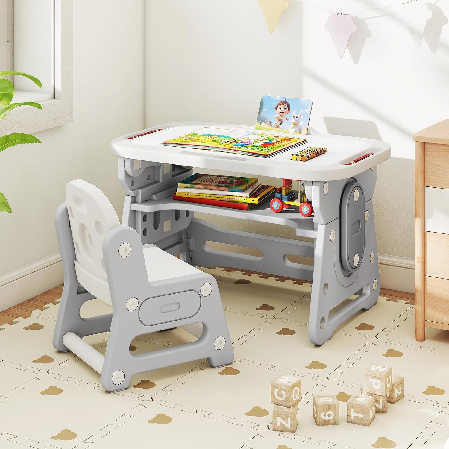 Costzon Kids Table and Chair Set, Height Adjustable Art Desk Set w/Whiteboard, Tilting Top, Storage Space, Tablet Holder & Markers, 4-in-1 Toddler Activity Furniture for Home Classroom Daycare (Gray)