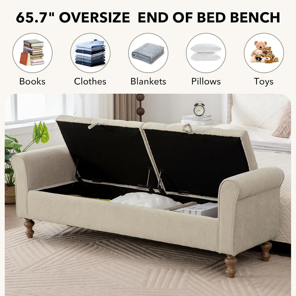 65" Oversize Storage Ottoman Bench, Fleece Upholstered End of Bed Benche...