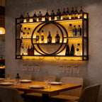 47.2” Wall Mounted Wine Rack with LED Light and Glass Holder | Industrial Metal Bar Shelf Wall Mounted Wine Rack for Kitchen, Bar, Dining Room (Black, 47.2inch/120cm)