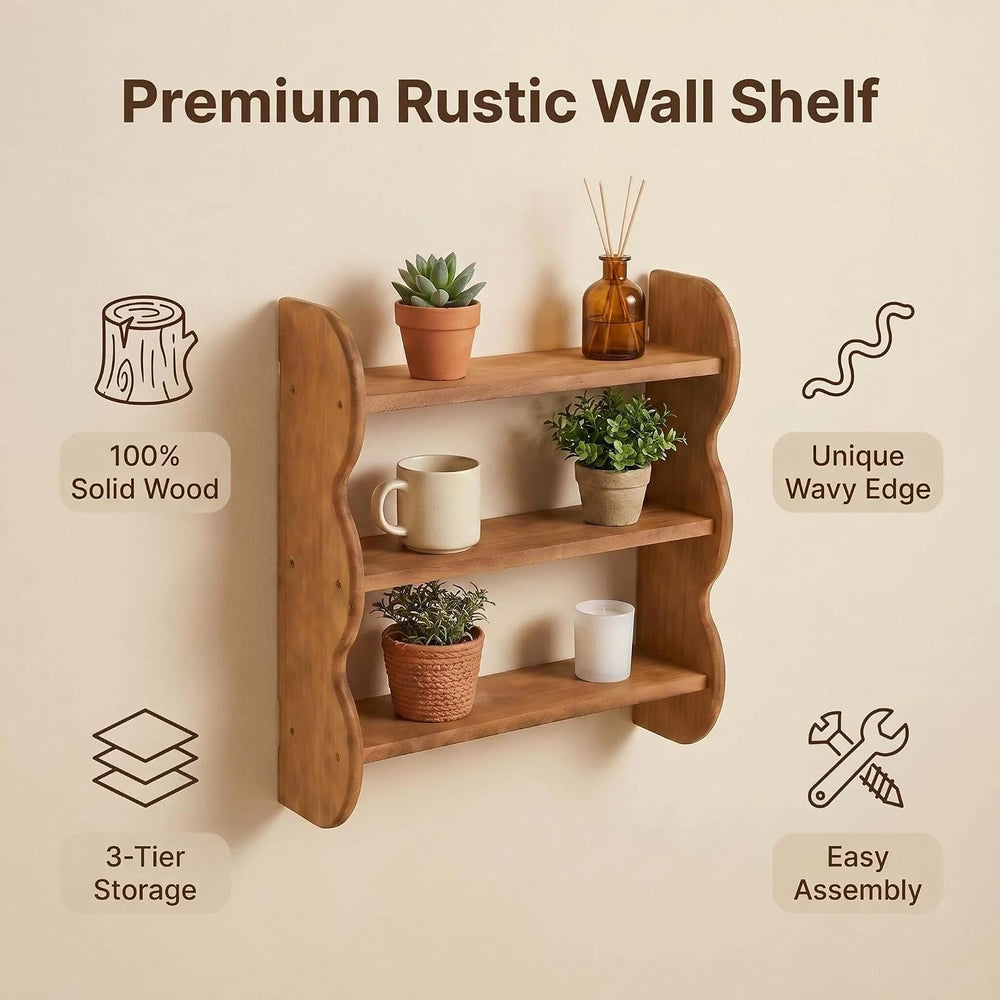 3-Tier Wall Mounted Scalloped Shelf 100% Solid Wood, Rustic Floating Trinket ...