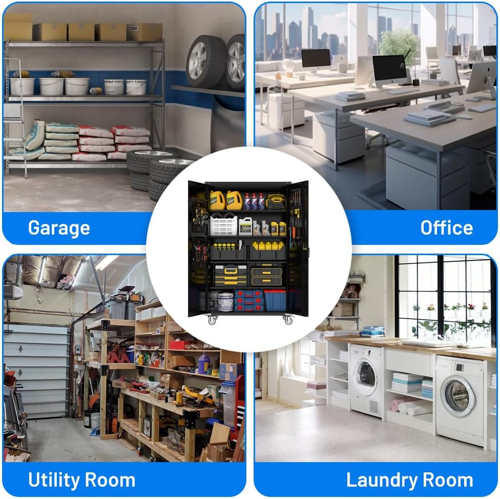 Yeeoy 72" Wide & Deep Metal Garage Storage Cabinet with Wheels, Blac...
