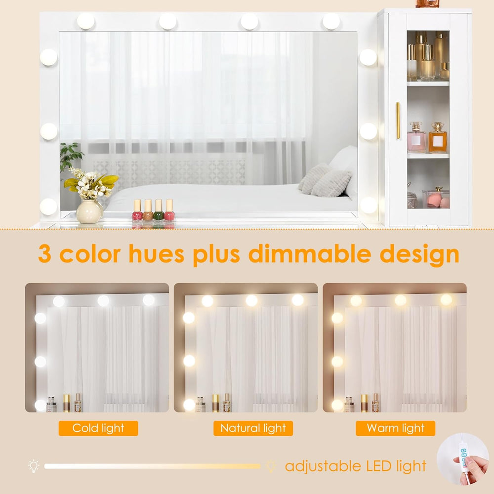 BEWISHOME 49.2" Large Glass Top Vanity Desk with Lighted Mirror and Stoo...