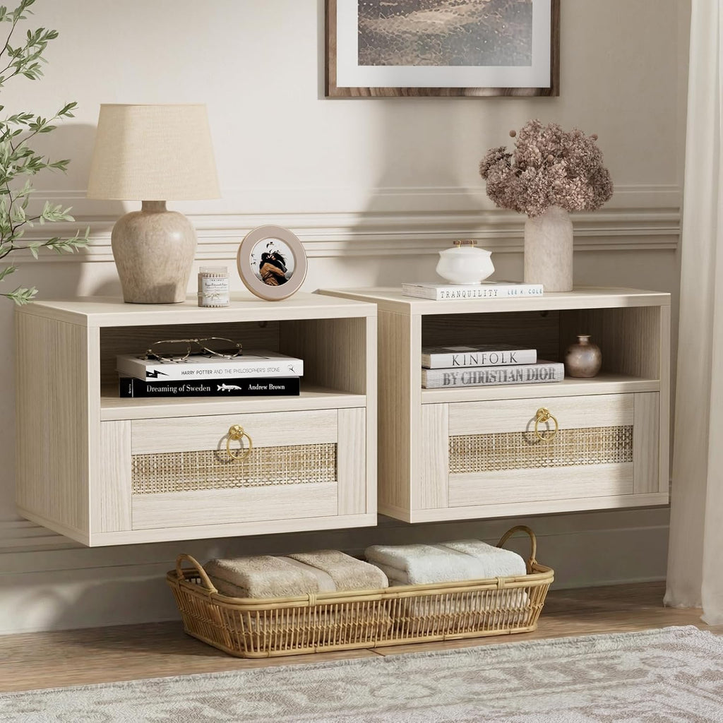 Floating Nightstand Set of 2 with Drawer for Wall Mounted Hanging Rattan Night Stand Bed Side Tables Wooden End Table Small Boho Dressers for Bedroom Farmhouse Shelves with Drawers