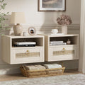 Floating Nightstand Set of 2 with Drawer for Wall Mounted Hanging Rattan Night Stand Bed Side Tables Wooden End Table Small Boho Dressers for Bedroom Farmhouse Shelves with Drawers