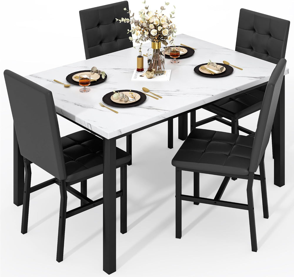 AWQM Dining Table Set for 4,Faux Marble Kitchen Table and Chairs Set of 4, Mo...