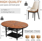 VFK 47.2"-63" Extendable Round Dining Table Set for 4–6, Solid Wood & Metal Table with Wine Rack Storage Shelf, Walnut Kitchen Furniture with 6 Upholstered Chairs (Storage Table and 6 Brown Chairs)