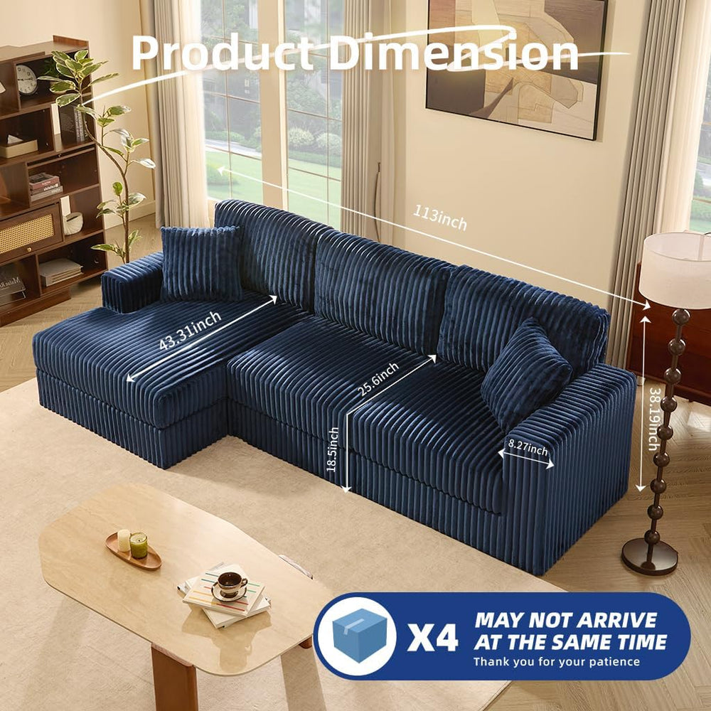GOSUHI 113" L-Shaped Cloud Couch, Modular Sectional, Deep Seats, Navy | ...