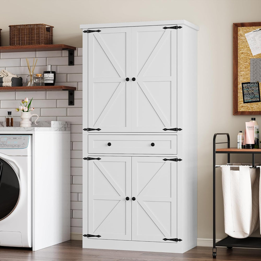 BORNOON Pantry Organizers and Storage Cabinet, 67.7” Barn Door White Kitchen ...