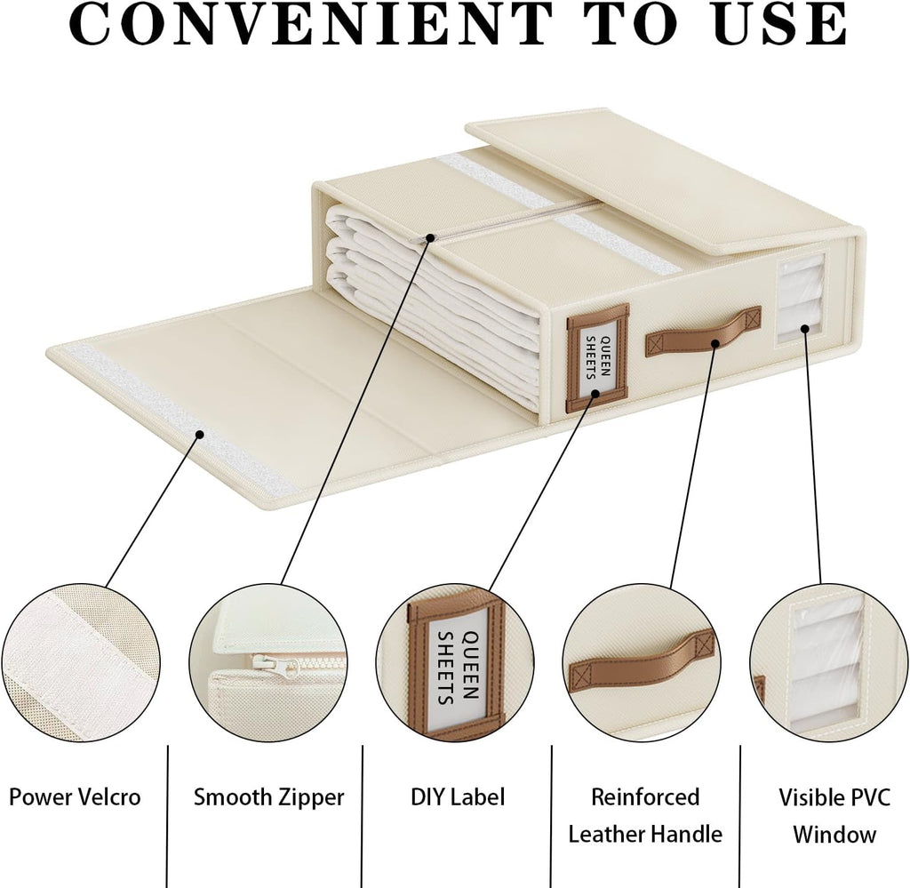 Bed Sheet Organizers and Storage (4 Pack, Queen & King Size) – Foldable Linen Closet Organizers with Window & Label, Zipper Bedding Storage Box for Sheets, Duvet Covers, Pillow Cases – Beige