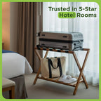 Set of 2 Premium Solid Teak Wood Luggage Racks with Shelf, 25" Foldable Suitcase Stands for Hotel, Airbnb & Resort | Heavy-Duty Hardwood Build, Holds 176 lbs Each, Reinforced Woven Straps