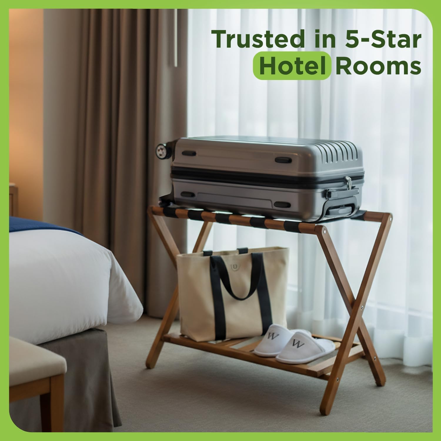 Set of 2 Premium Solid Teak Wood Luggage Racks with Shelf, 25" Foldable Suitcase Stands for Hotel, Airbnb & Resort | Heavy-Duty Hardwood Build, Holds 176 lbs Each, Reinforced Woven Straps