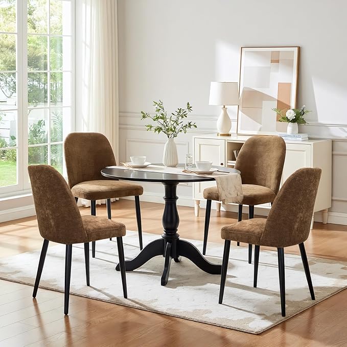 Upholstered Dining Chairs Set of 4, Chenille Mid Century Modern Fabric Dining Room Chair High-Back Padded Kitchen Chairs with Padded Seat and Metal Legs for Kitchen Dining Room Restaurant Cafe, Brown