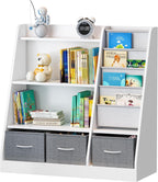 White Kids Bookshelf Wood Toy Storage Organizer Cabinet Children Bookcase Toddler Baby Sling Book Rack 3 Cube Bins Fabric Drawers for Playroom Bedroom Nursery School