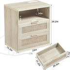 LEYAOYAO Rattan Nightstands Set of 2 with Charger Station, 23" Wide Boho Night Stand with 2 Drawers, Grey White Bedside Table Open Shlef, Bed Side End Table Dresser for Bedroom, Living Room Hallway