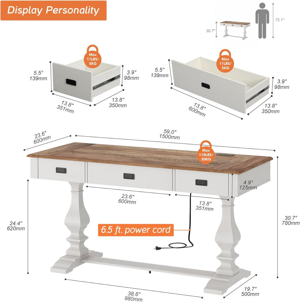 WAMPAT 60-inch Vintage Farmhouse Desk with Charging Station & Deep Drawers