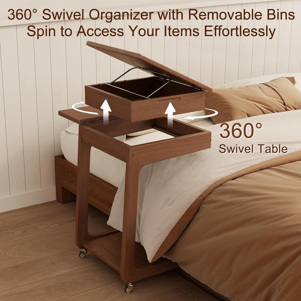 Solid Wood C Shaped End Table for Couch,Walnut C Table with Wheels,Rolling Si...