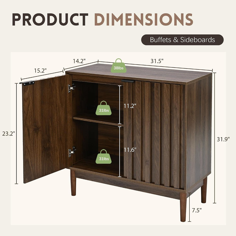 Otterease Fluted Buffet Cabinet with Storage, Small Accent Cabinets, Walnut