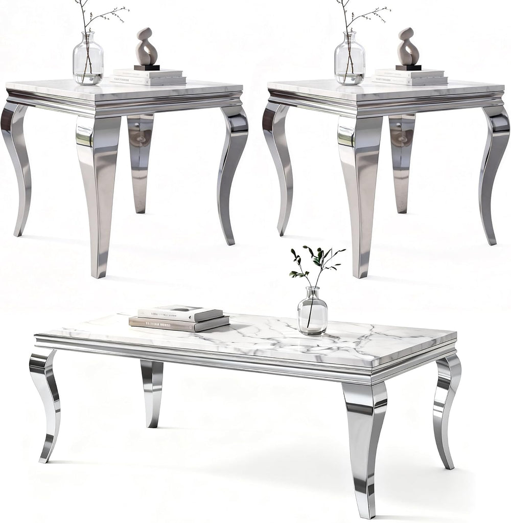 3-Piece Faux Marble Coffee Table Set with Silver Stainless Steel Legs | Moder...