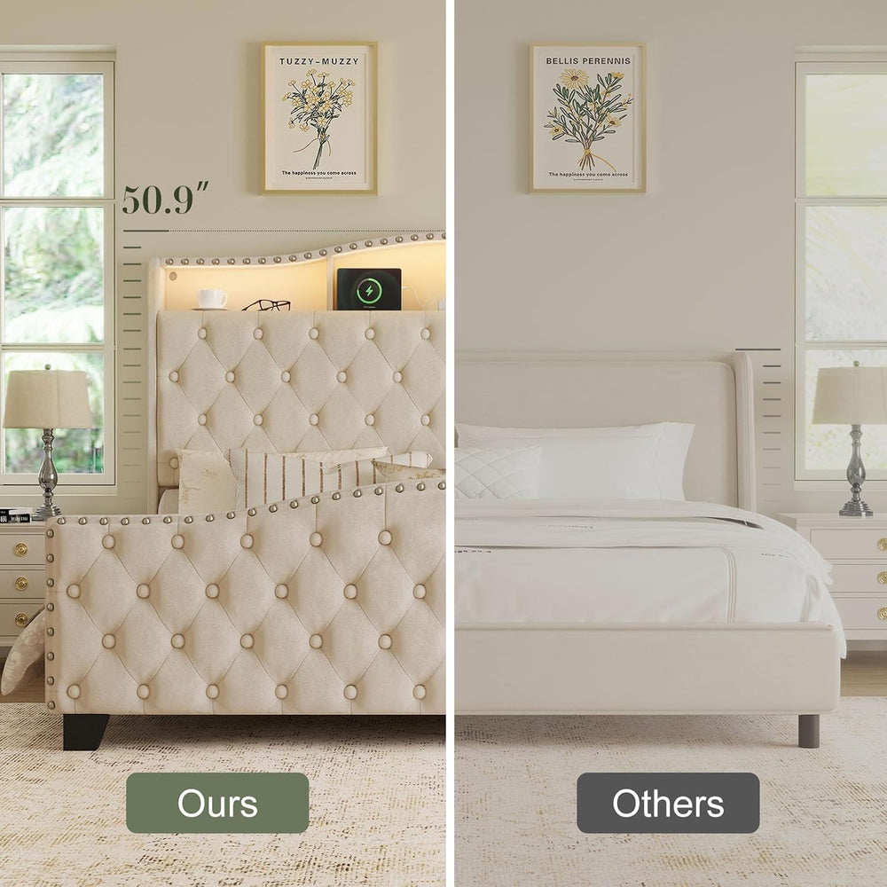Belffin Queen Size Platform Bed Frame with 50.9" LED Headboard, Beige