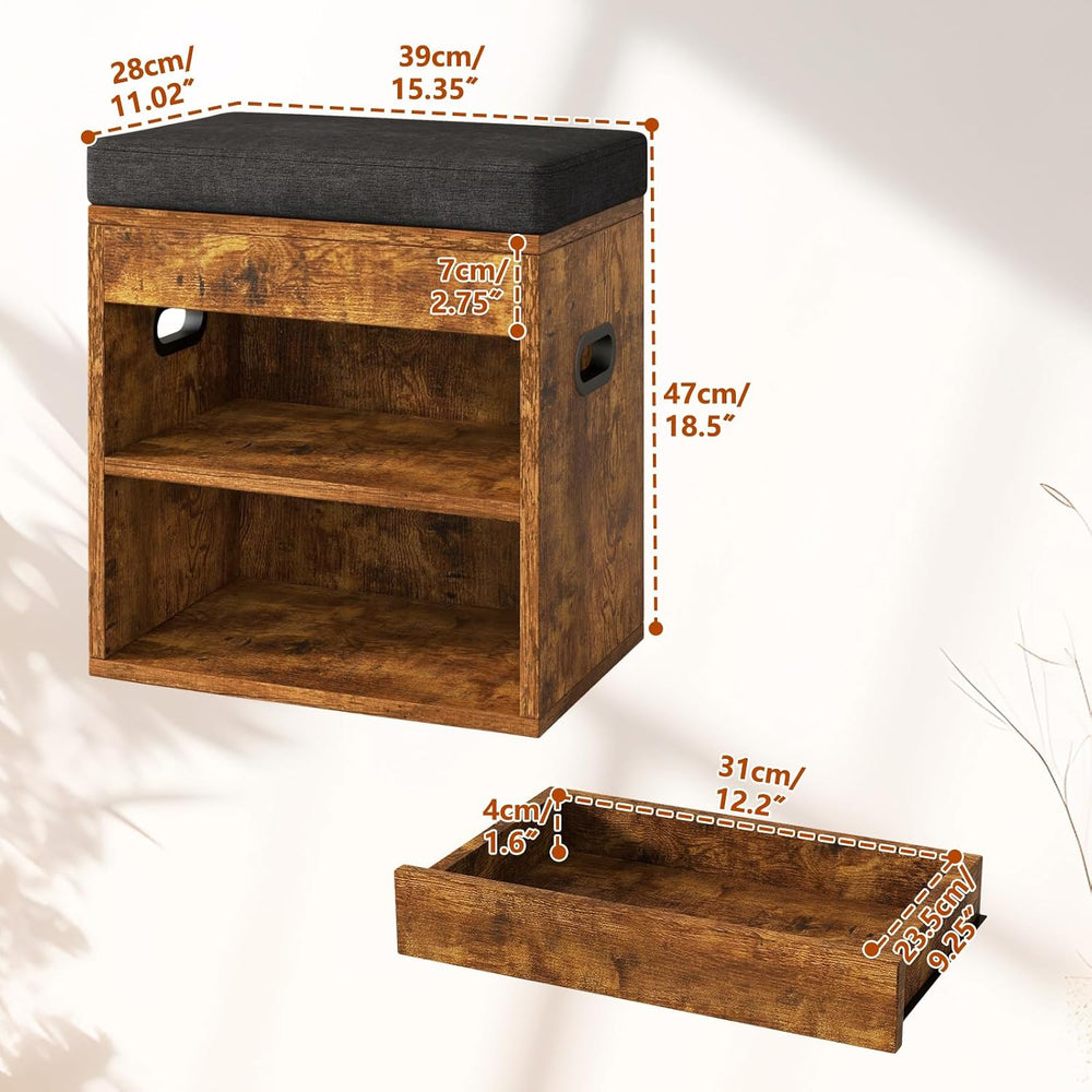 YMYNY Small Shoe Storage Bench with Cushion and Drawer, 2 Tier Adjustable Ent...