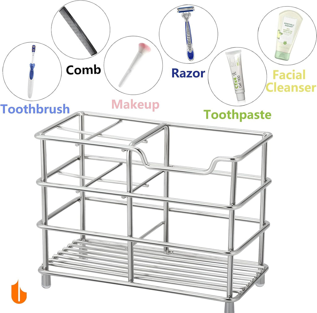 Urbanstrive 304 Stainless Steel Bathroom Toothbrush Holder Toothpaste Holder Stand Bathroom Accessories Organizer (Silver, Small)