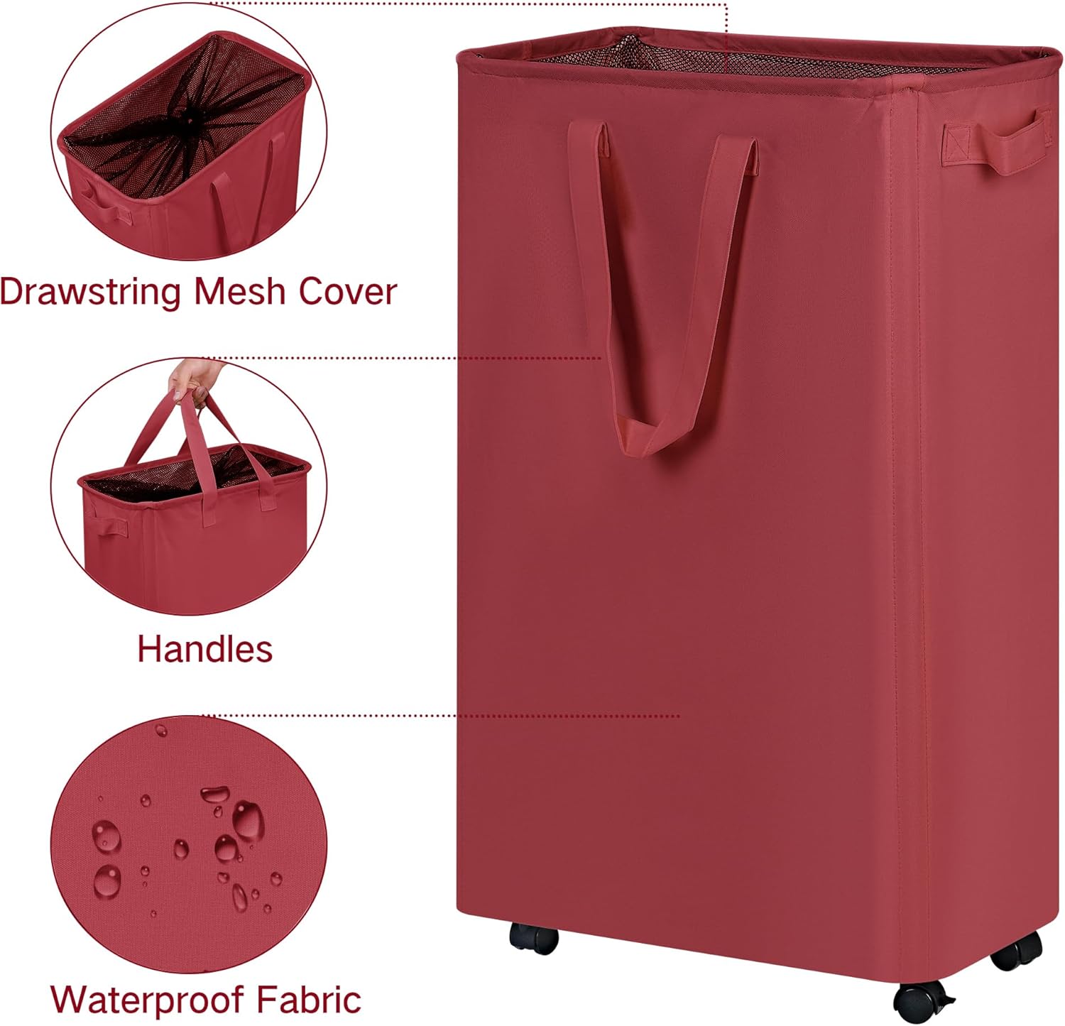 efluky Slim Laundry Hamper with Wheels, Rolling Laundry Basket for Clothes, Small Laundry Basket for Bedroom, Dorm and Laundry Room, 75L (19.8 Gallons) Burgundy Red