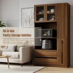70.87" Tall Microwave Cart with Storage, Kitchen Pantry Cabinet with Multi-functional Pull-out Multi-tier Storage Shelf, 4-Tier Side Shelf 2 Drawers with Glass Door for Dining Room Home Office, Walnut
