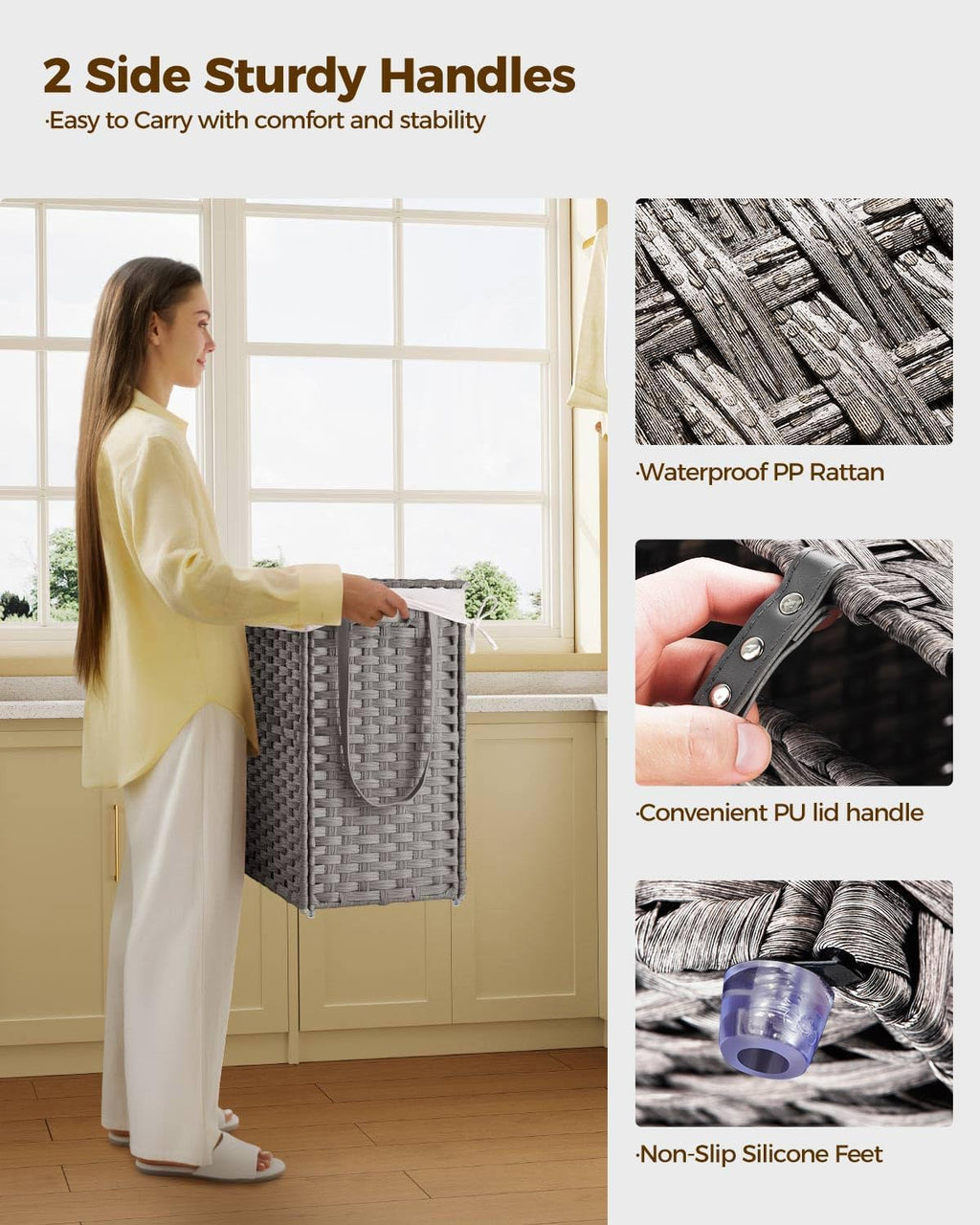 GREENSTELL Laundry Hamper with Wheels&Lid, 130L Large 3 Sections Clothes Hamper with 2 Types Removable Liner Bags, 5 Mesh Laundry Bags, Handwoven Divided Laundry Basket Gray