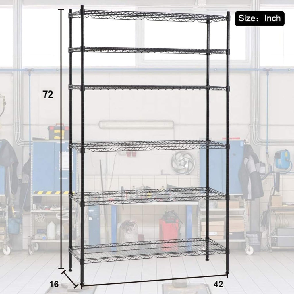 Meet perfect 6-Tier Wire Shelving Unit, 72" H x 42" W x 16" D Heavy Duty Metal Storage Shelves, 1500LBS Total Weight Capacity Adjustable Standing Shelf Rack with Leveling Feet