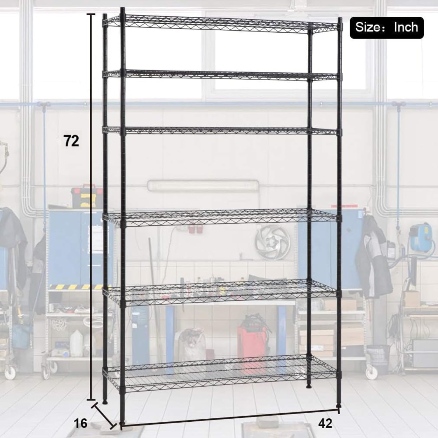 Meet perfect 6-Tier Wire Shelving Unit, 72" H x 42" W x 16" D Heavy Duty Metal Storage Shelves, 1500LBS Total Weight Capacity Adjustable Standing Shelf Rack with Leveling Feet