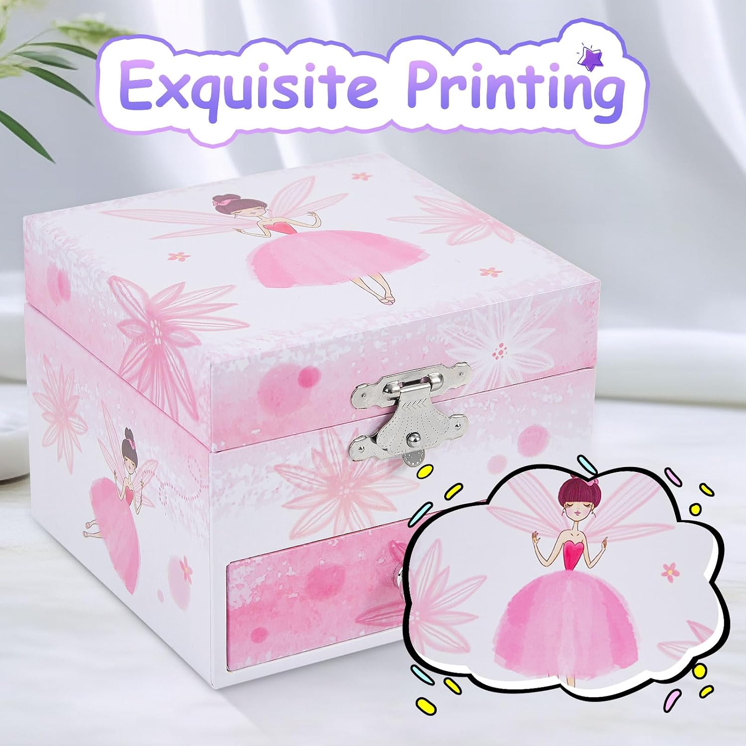 Girls Musical Jewelry Box with Drawer and Spinning Ballerina,Fairy Disign Kids Music Box for Little Girls Gifts Jewel Storage for Kids Ages 3-10