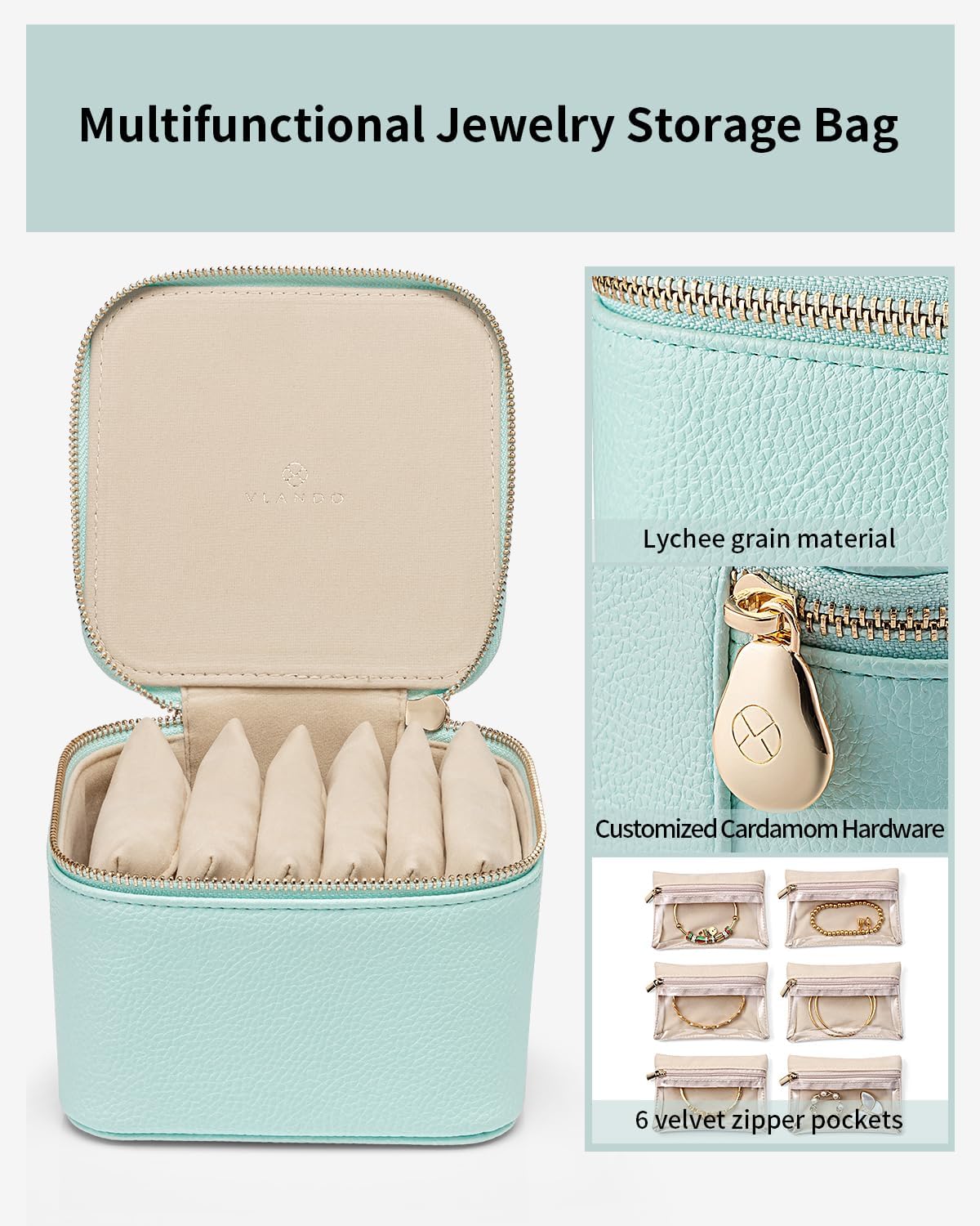 Vlando Travel Jewelry Box for Women Faux Leather Jewelry Box with 6 Velvet Jewelry Zipper Pockets Earrings Necklace Rings Storage Boxes Christmas Gift for Mom Wife(Lake Blue)
