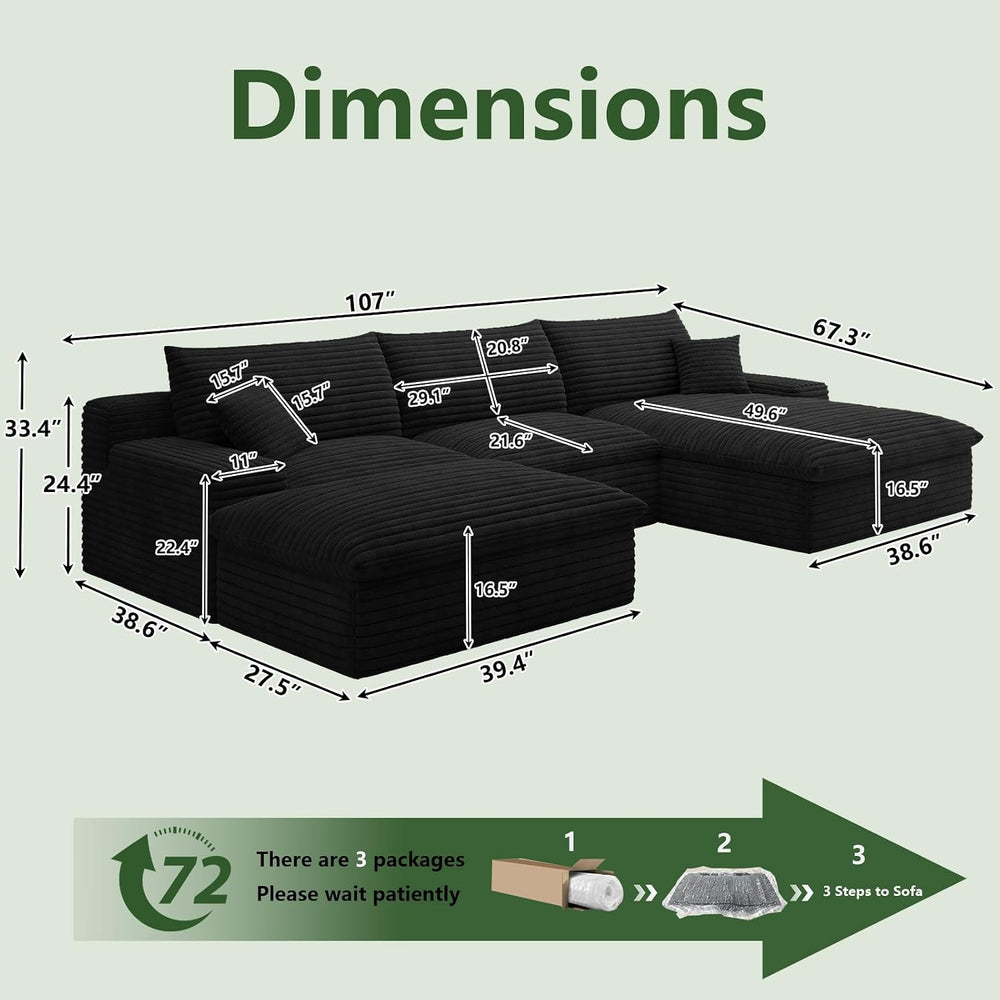 107" Cloud Couch Modular Sectional Sofa for Living Room, U-Shape Couch w...
