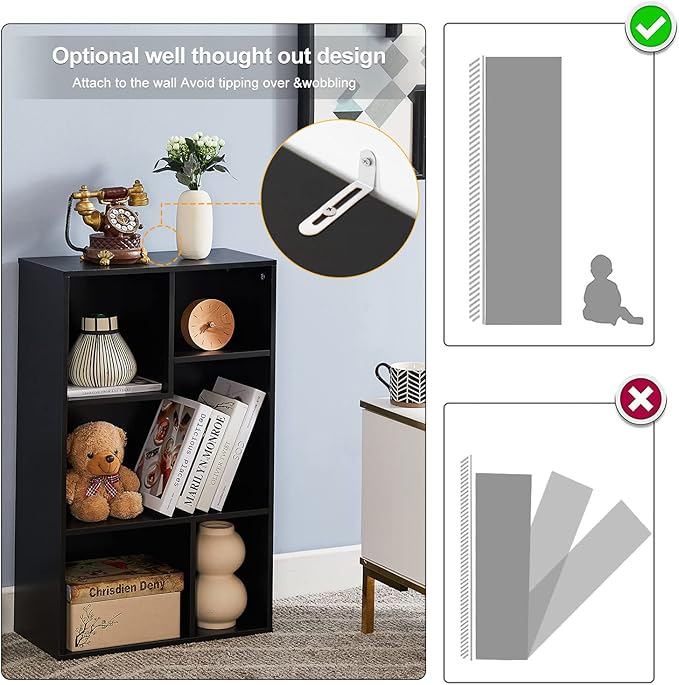 VECELO Modern Bookshelf, 5 Cube Shelf, Fits Tallest Hardcovers, Horizontal Available, Storage Organzier for Home Office, Matte Black