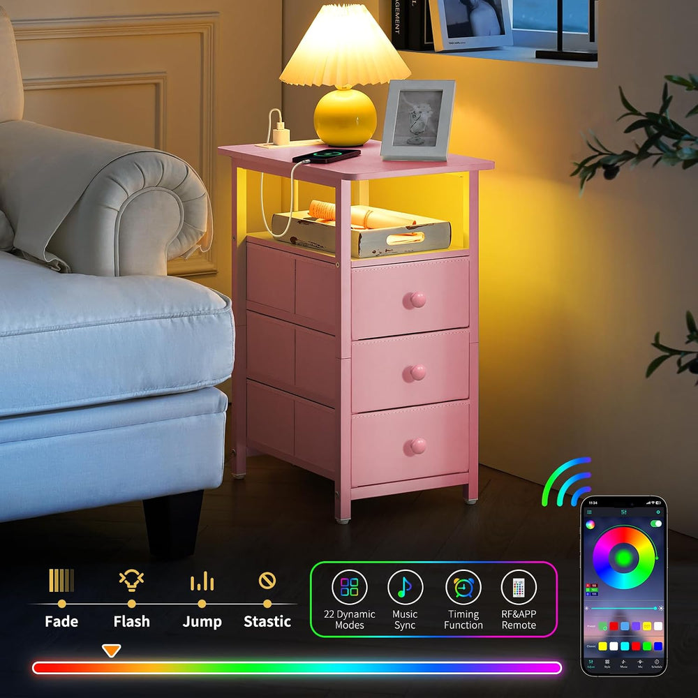Yoobure End Table with Charging Station, Pink Narrow Nightstand LED Bedside T...