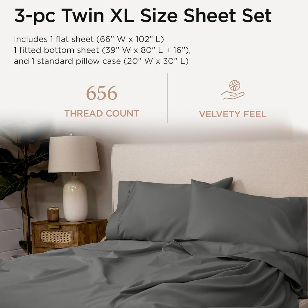 Threadmill Twin XL Sheet Sets |656 Thread Count 100% Supima Cotton Sheets for Twin XL Mattress | Solid Sateen Twin XL Bed Sheets Set with 16” Deep Pocket | Soft 3-Piece Cooling Sheet Set | Dark Grey