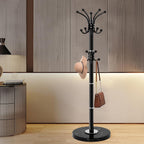Modern Metal Coat Rack Stand, Coat Rack Freestanding with Natural Marble Base, 360°Rotary Design Sturdy Coat Racks with 16 Hooks, White Coat Hall Tree Stand for Entryway (Black)