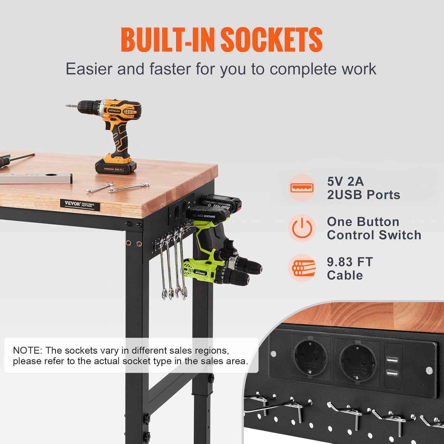 VEVOR Workbench for Garage 72" Adjustable Workbench, Heavy-Duty Hardwood Worktable with Universal Wheels, 3000 LBS Load Capacity, with Power Outlets, for Workshop, Garage, Office and Home