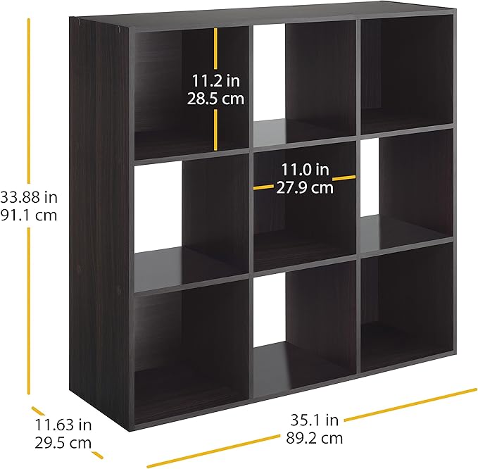 Whitmor 9 Cube Bookcase, 3 Tier Stackable MDF Bookself, Open Storage Display Organizer, Storage Cabinet for Living Room, Bedroom, Home, Office, 35.1" L x 11.7" W x 35.88" H, Black