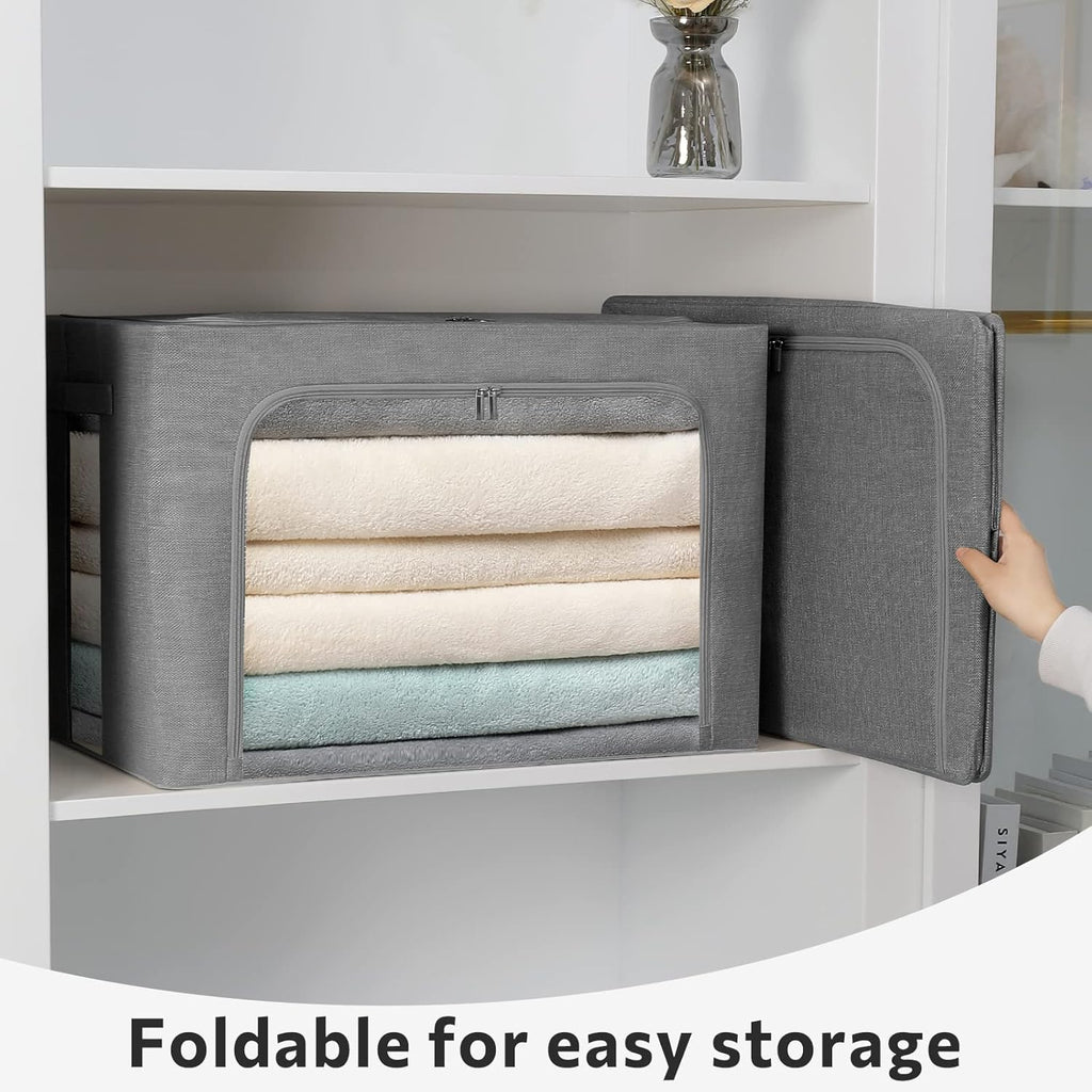 FHSQX 2 Pack Clear Window Storage Bins Large Foldable Fabric Storage Bins Boxes for Clothes Stackable Organizer Set with Carrying Handles19.7X 15.7X 12.6 Inches